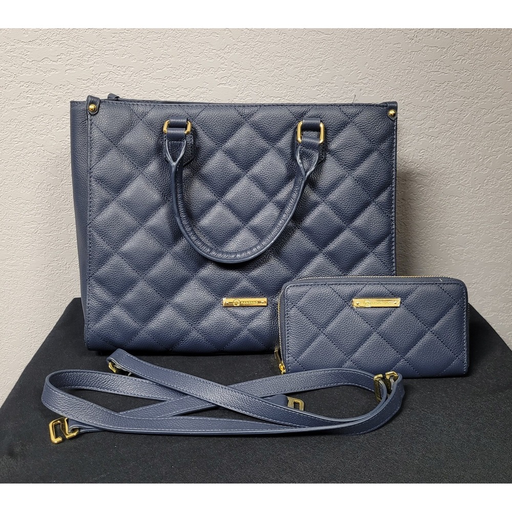 Joy Mangano Quilted Leather Handbag Tote Bag and Double Wallet Clutch Set Blue